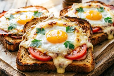 Быстрые тосты с ветчиной, помидором и яйцом - готовятся в духовке, пока вы собираетесь на работу